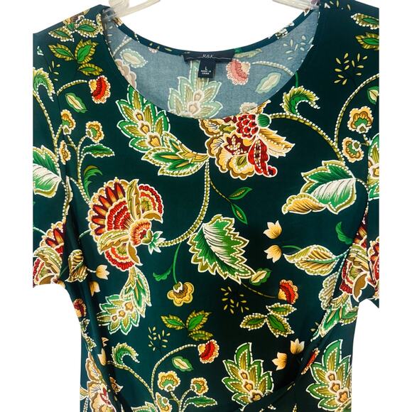 NWT R&K Floral Midi Dress Tie Belt Women’s Sz Large 3/4 Sleeve Green - Picture 5 of 10